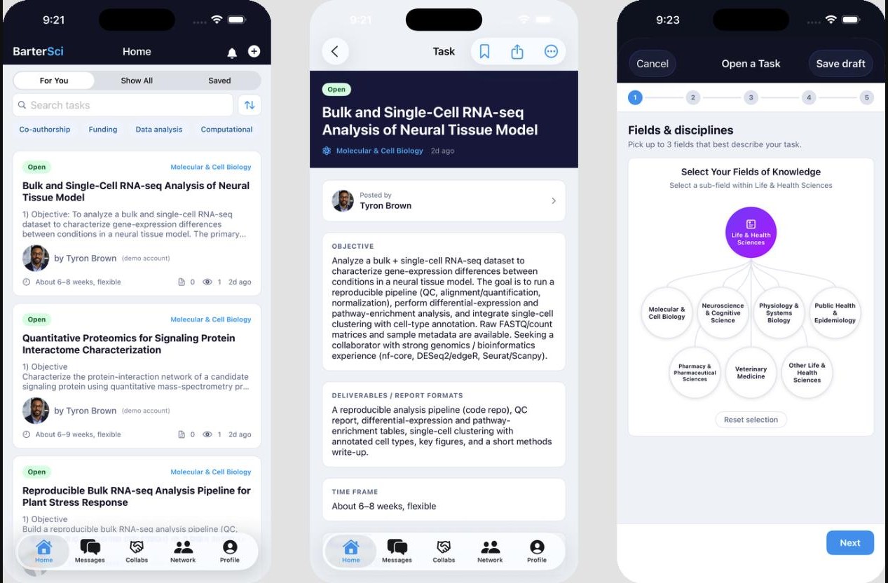 Three BarterSci screens: a feed of open research tasks, a task detail page, and the task creation flow