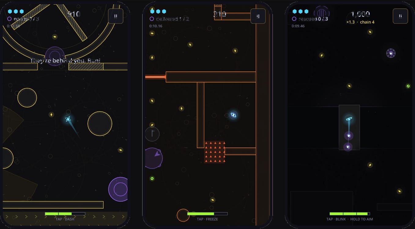 Three Gyrolith levels: a glowing flyer navigating neon mazes with enemies and hazards