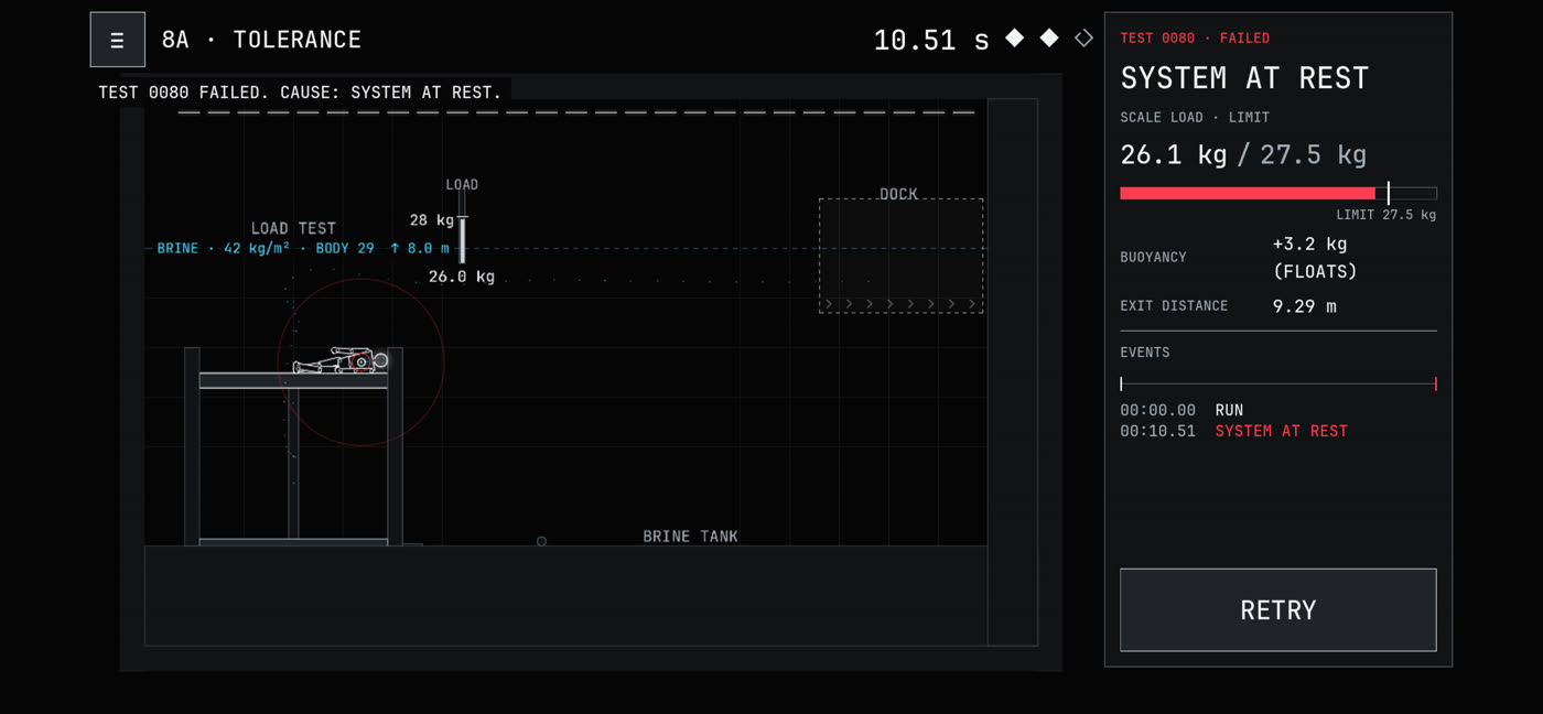 A test report: System at rest, scale load 26.1 kg against a limit of 27.5 kg, with the timeline of events