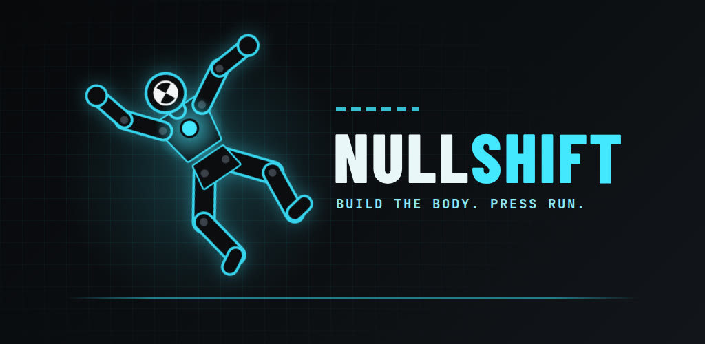 NULLSHIFT: a glowing cyan crash-test DOLL next to the words Build the body. Press RUN.